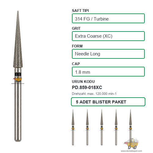 PRIMA DENTAL İngiltere - Aeratör İçin Siyah Kuşaklı Elmas Uzun Alev Uçlu Frez 859-018XC 1.8 mm 5'li