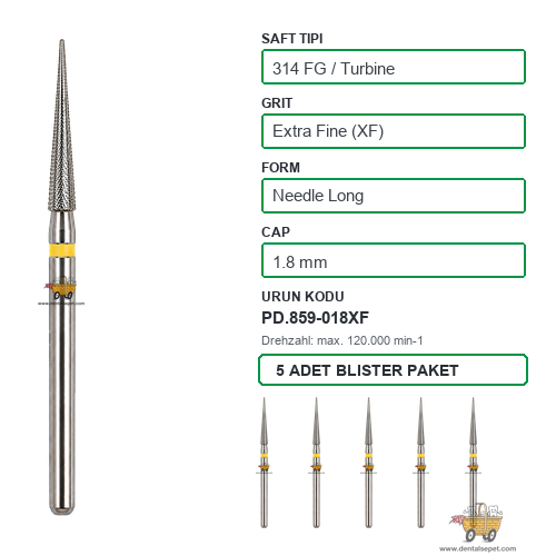 PRIMA DENTAL İngiltere - Aeratör İçin Sarı Kuşaklı Elmas Uzun Alev Uçlu Frez 859-018XF 1.8 mm 5'li