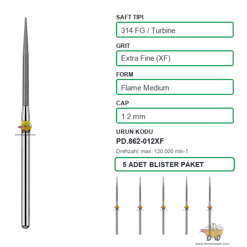 PRIMA DENTAL İngiltere - Aeratör İçin Sarı Kuşaklı Elmas Orta Boy Mum Alevi Uçlu Frez 862-012XF 1.2 mm 5'li