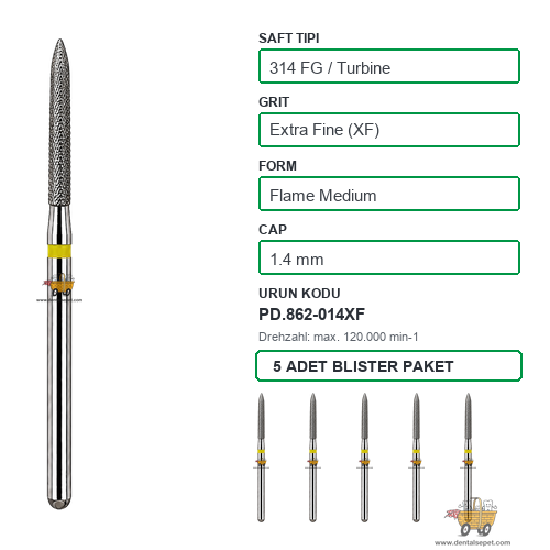 PRIMA DENTAL İngiltere - Aeratör İçin Sarı Kuşaklı Elmas Orta Boy Mum Alevi Uçlu Frez 862-014XF 1.4 mm 5'li