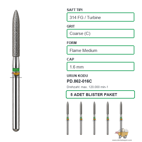PRIMA DENTAL İngiltere - Aeratör İçin Yeşil Kuşaklı Elmas Orta Boy Mum Alevi Uçlu Frez 862-016C 1.6 mm 5'li