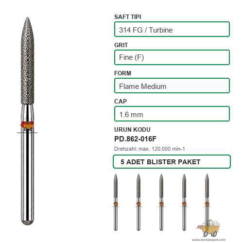 PRIMA DENTAL İngiltere - Aeratör İçin Kırmızı Kuşaklı Elmas Orta Boy Mum Alevi Uçlu Frez 862-016F 1.6 mm 5'li