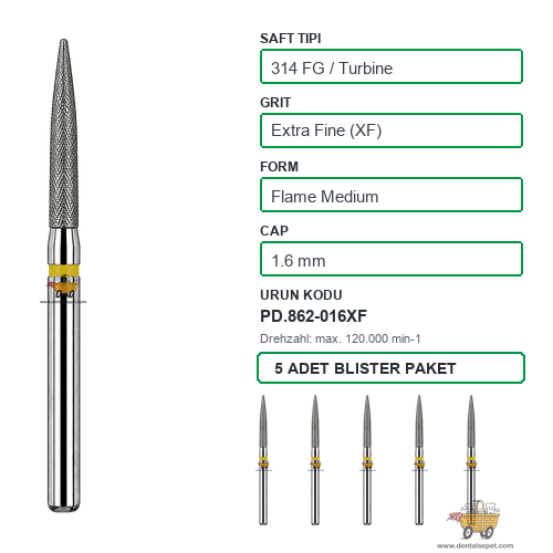 PRIMA DENTAL İngiltere - Aeratör İçin Sarı Kuşaklı Elmas Orta Boy Mum Alevi Uçlu Frez 862-016XF 1.6 mm 5'li