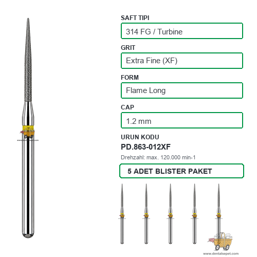 PRIMA DENTAL İngiltere - Aeratör İçin Sarı Kuşaklı Elmas Uzun Mum Alevi Uçlu Frez 863-012XF 1.2 mm 5'li