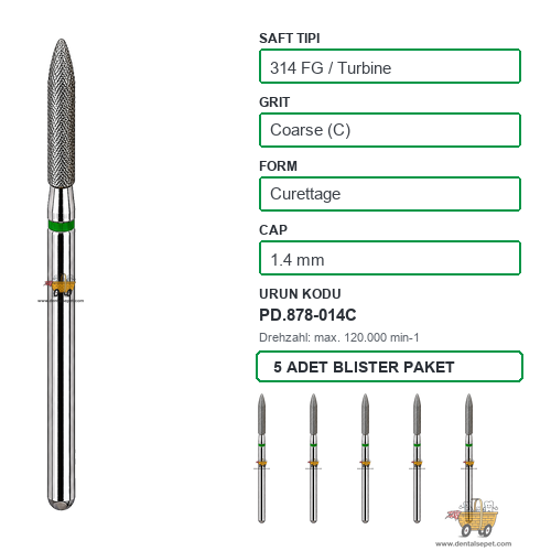 PRIMA DENTAL İngiltere - Aeratör İçin Yeşil Kuşaklı Elmas Küretaj Uçlu Frez 878-014C 1.4 mm 5'li