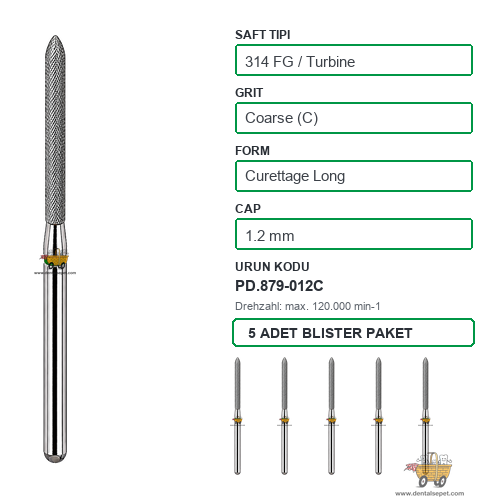 PRIMA DENTAL İngiltere - Aeratör İçin Yeşil Kuşaklı Elmas Uzun Küretaj Uçlu Frez 879-012C 1.2 mm 5'li