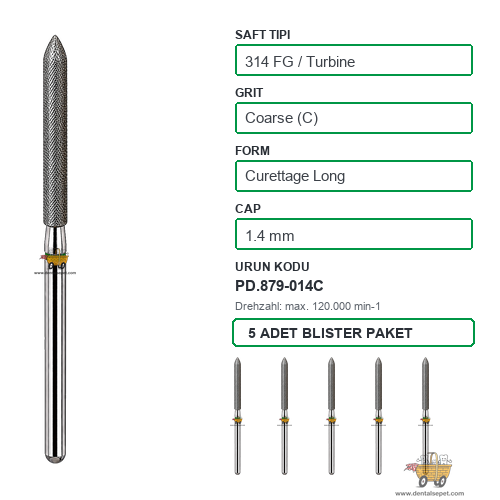 PRIMA DENTAL İngiltere - Aeratör İçin Yeşil Kuşaklı Elmas Uzun Küretaj Uçlu Frez 879-014C 1.4 mm 5'li