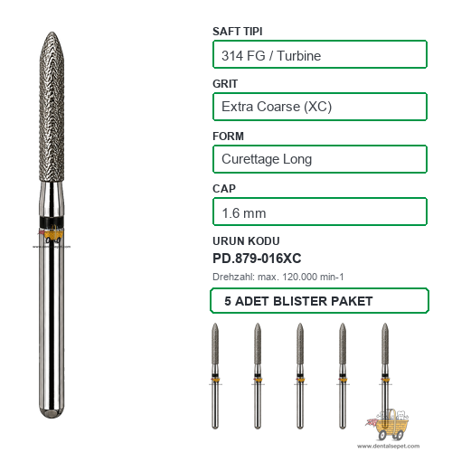 PRIMA DENTAL İngiltere - Aeratör İçin Siyah Kuşaklı Elmas Uzun Küretaj Uçlu Frez 879-016XC 1.6 mm 5'li