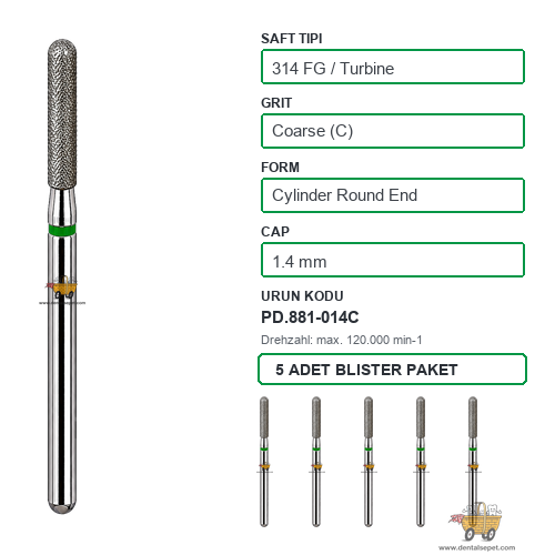 PRIMA DENTAL İngiltere - Aeratör İçin Yeşil Kuşaklı Elmas Yuvarlak Uçlu Silindir Frez 881-014C 1.4 mm 5'li