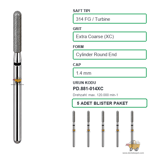 PRIMA DENTAL İngiltere - Aeratör İçin Siyah Kuşaklı Elmas Yuvarlak Uçlu Silindir Frez 881-014XC 1.4 mm 5'li