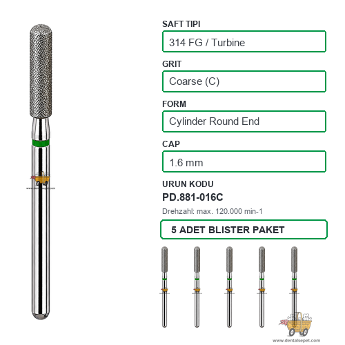 PRIMA DENTAL İngiltere - Aeratör İçin Yeşil Kuşaklı Elmas Yuvarlak Uçlu Silindir Frez 881-016C 1.6 mm 5'li