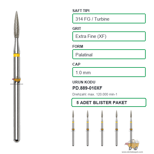 PRIMA DENTAL İngiltere - Aeratör İçin Sarı Kuşaklı Elmas Palatinal Uçlu Frez 889-010XF 1.0 mm 5'li
