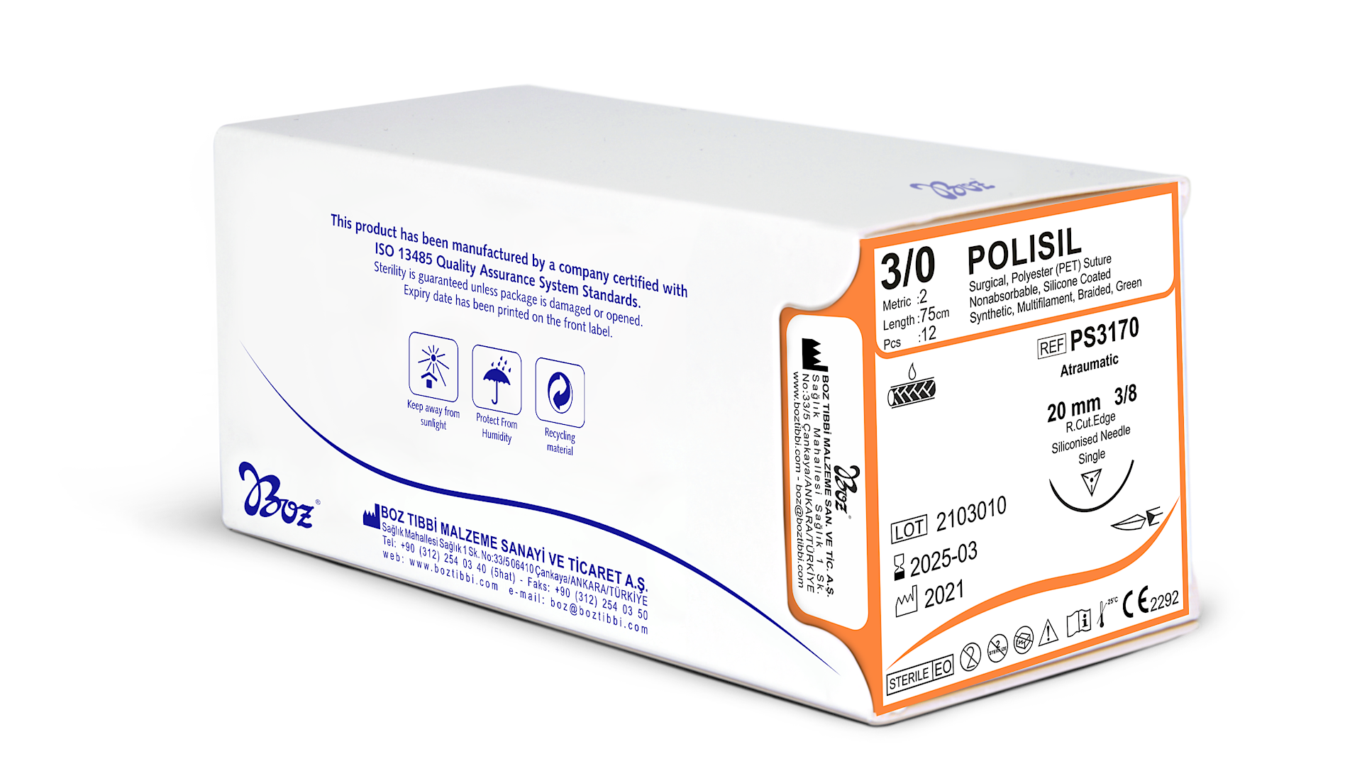 BOZ 3/0 POLISIL Polietilen Teraftalat Icerikli Emilmeyen Orgulu Cerrahi Sutur20 mm 3/8 Asagi Keskin 75 cm YESIL