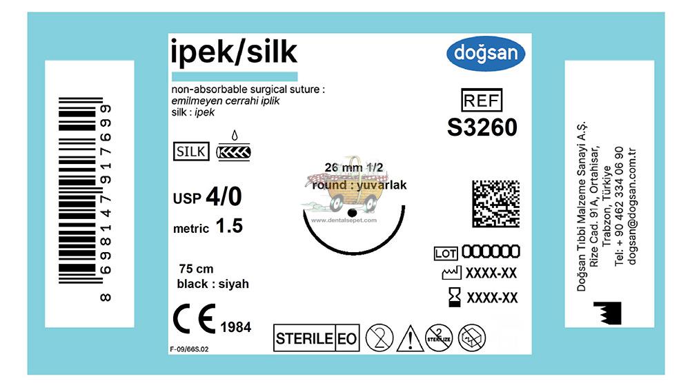 DOGSAN Ipek 4/0 26 1/2 Yuvarlak 75cm Ipek Emilemeyen Sutur 12 Ad./Pkt