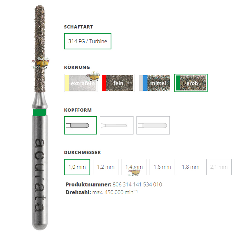 ACURATA Aeratör için Yeşil Kuşaklı Elmas Yuvarlak Bitim Fissür / Shoulder Frez 806-314-141-534-010