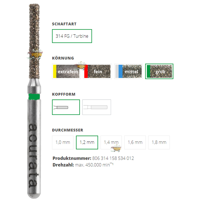 ACURATA Aeratör için Yeşil Kuşaklı Elmas Silindir Fissür Frez 806-314-158-534-012