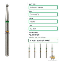 PRIMA DENTAL �ngiltere - Aerat�r ��in Ye�il Ku�akl� Elmas Rond U�lu Frez 801-012C 1.2 mm 5'li