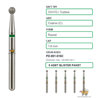 PRIMA DENTAL �ngiltere - Aerat�r ��in Ye�il Ku�akl� Elmas Rond U�lu Frez 801-016C 1.6 mm 5'li