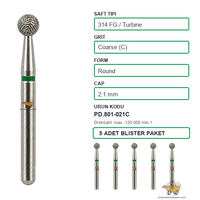PRIMA DENTAL �ngiltere - Aerat�r ��in Ye�il Ku�akl� Elmas Rond U�lu Frez 801-021C 2.1 mm 5'li