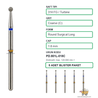 PRIMA DENTAL �ngiltere - Aerat�r ��in Ye�il Ku�akl� Elmas Uzun Rond U�lu Cerrahi Frez 801L-018C 1.8 mm 5'li