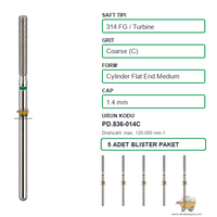 PRIMA DENTAL �ngiltere - Aerat�r ��in Ye�il Ku�akl� Elmas Orta Boy D�z U�lu Silindir Frez 836-014C 1.4 mm 5'li