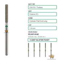 PRIMA DENTAL �ngiltere - Aerat�r ��in Ye�il Ku�akl� Elmas Uzun D�z U�lu Silindir Frez 837-014C 1.4 mm 5'li