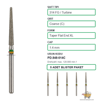PRIMA DENTAL �ngiltere - Aerat�r ��in Ye�il Ku�akl� Elmas Ekstra Uzun D�z U�lu Konik Frez 848-014C 1.4 mm 5'li