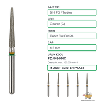 PRIMA DENTAL �ngiltere - Aerat�r ��in Ye�il Ku�akl� Elmas Ekstra Uzun D�z U�lu Konik Frez 848-016C 1.6 mm 5'li