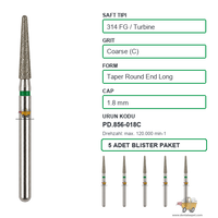 PRIMA DENTAL �ngiltere - Aerat�r ��in Ye�il Ku�akl� Elmas Uzun Yuvarlak U�lu Konik Frez 856-018C 1.8 mm 5'li