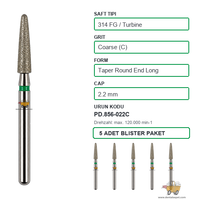 PRIMA DENTAL �ngiltere - Aerat�r ��in Ye�il Ku�akl� Elmas Uzun Yuvarlak U�lu Konik Frez 856-022C 2.2 mm 5'li
