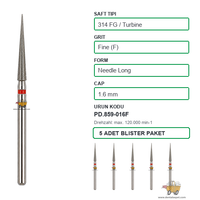 PRIMA DENTAL �ngiltere - Aerat�r ��in K�rm�z� Ku�akl� Elmas Uzun Alev U�lu Frez 859-016F 1.6 mm 5'li