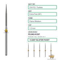 PRIMA DENTAL �ngiltere - Aerat�r ��in Sar� Ku�akl� Elmas Orta Boy Mum Alevi U�lu Frez 862-012XF 1.2 mm 5'li