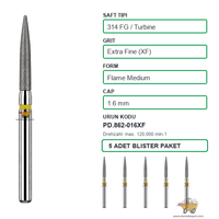 PRIMA DENTAL �ngiltere - Aerat�r ��in Sar� Ku�akl� Elmas Orta Boy Mum Alevi U�lu Frez 862-016XF 1.6 mm 5'li