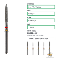 PRIMA DENTAL �ngiltere - Aerat�r ��in K�rm�z� Ku�akl� Elmas K�retaj U�lu Frez 878-013F 1.3 mm 5'li