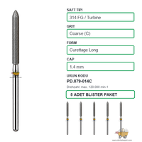 PRIMA DENTAL �ngiltere - Aerat�r ��in Ye�il Ku�akl� Elmas Uzun K�retaj U�lu Frez 879-014C 1.4 mm 5'li