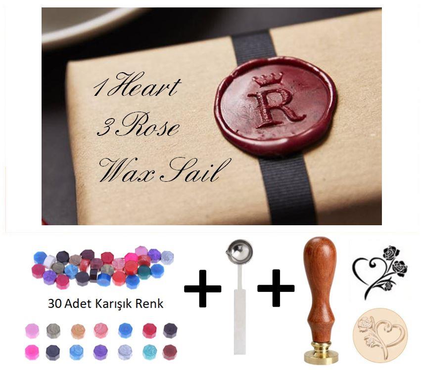 Retro Mektup Mühürü Damga 1 Kalp 3 Gül + 30 Adet Mühür Mumu + Eritme Kaşığı