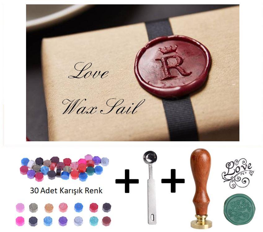 Retro Mektup Mühürü Damga Love + 30 Adet Mühür Mumu + Eritme Kaşığı