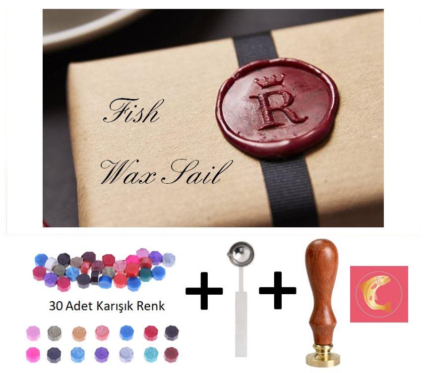 Retro Mektup Mühürü Damga Balık + 30 Adet Mühür Mumu + Eritme Kaşığı
