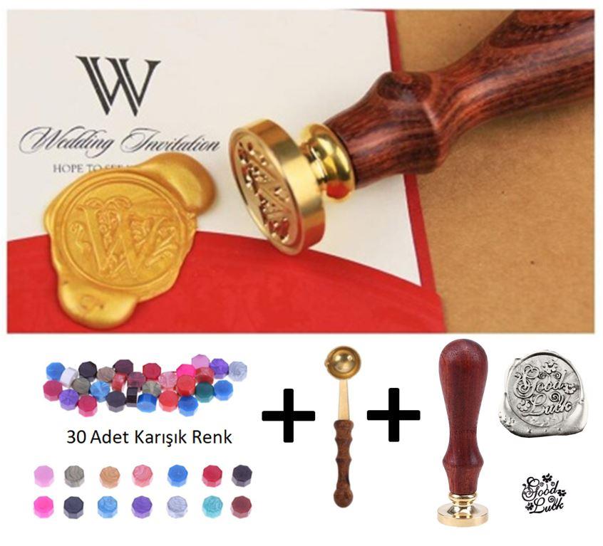 Retro Mektup Mühürü Damga Good Luck  + 30 Adet Mühür Mumu + Eritme Kaşığı