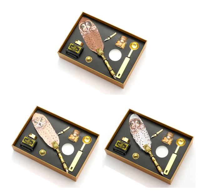 Baykuş Desen Tüy Divit Kalem Mürekkep Mühür Kaşık Uç Wax 7li Set
