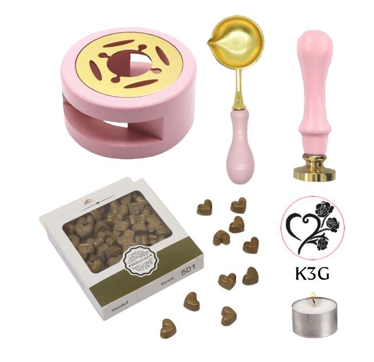 Davetiye Mum Mühürü Uygulama Seti Pembe Renk K3G Kalp 3 Gül