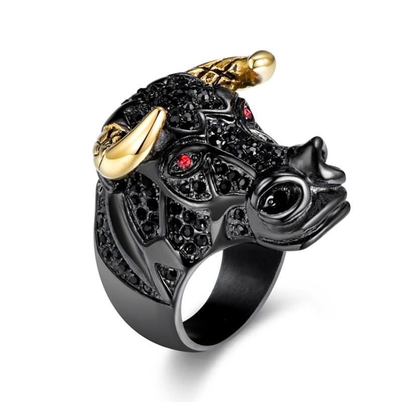 Boğa Yüzük Rhinestone Taşlı Black Bull Gold Horn 316L Paslanmaz Çelik