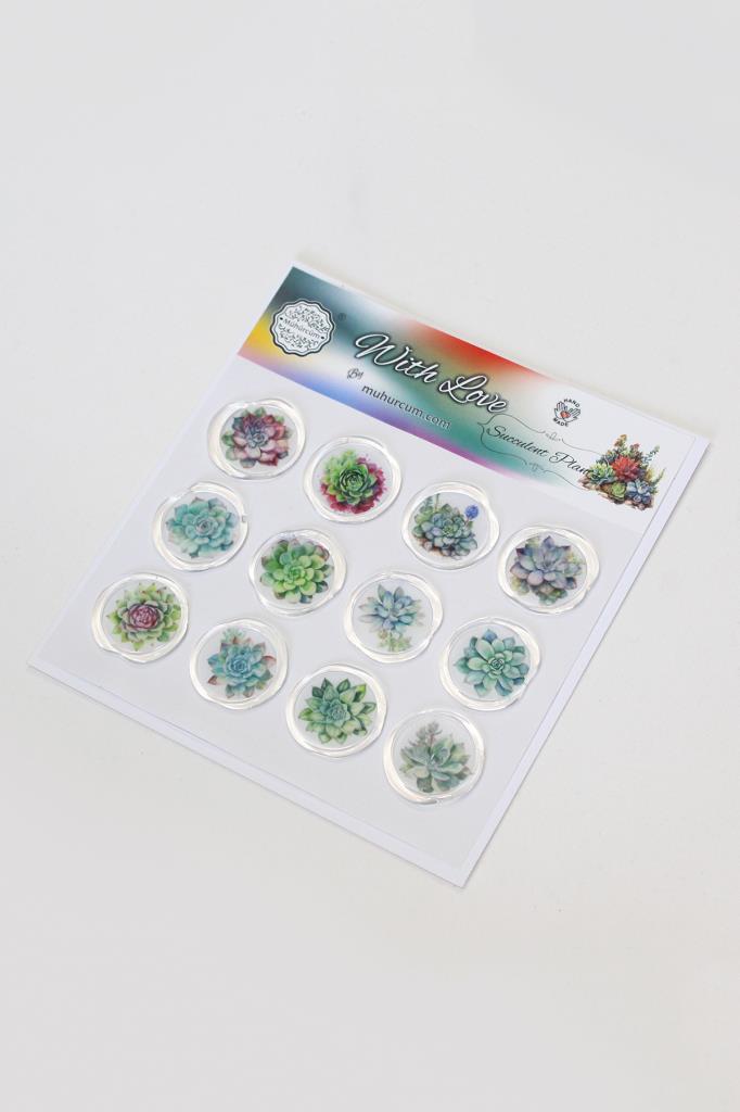 Mühürcüm 12 Adet Hazır Kendinden Yapışkanlı Sukulent Bitki Sticker Mühür KYSM109