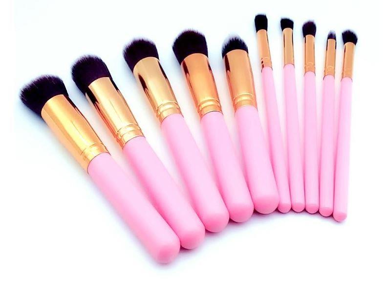 10 lu Profesyonel Yumuşak Kozmetik Güzellik Makyaj Fırça Set Ahşap Pembe Saplı 