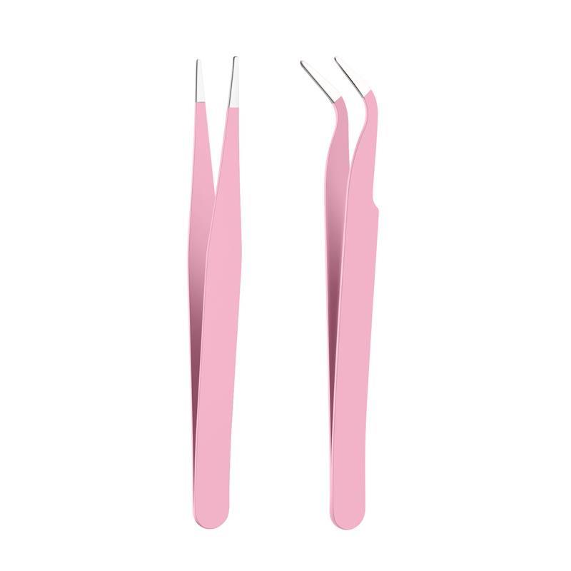 İkili Cımbız Seti Paslanmaz Çelik Pembe Renk Düz ve Kavisli Model