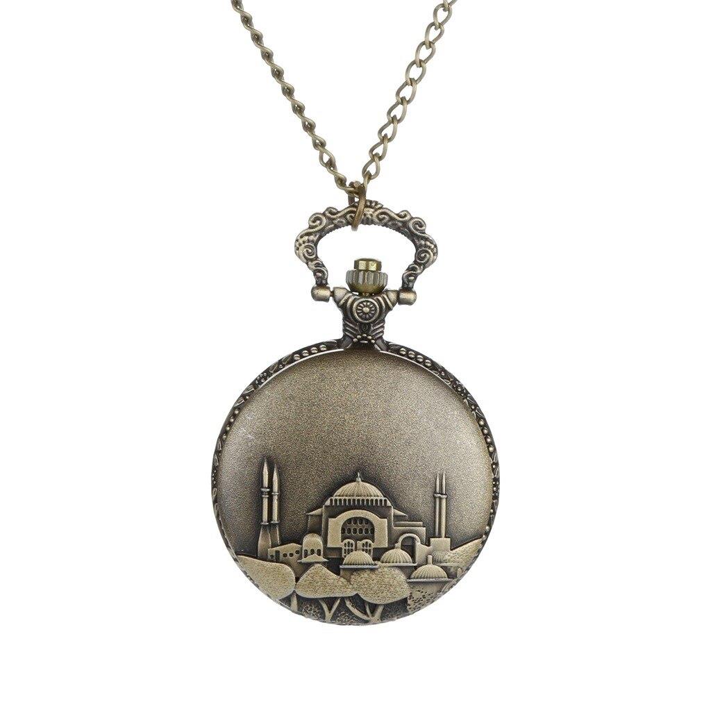 Klasik Kuvars Köstekli Cep Saati Bronz Antika Kolye Zincirli Hagia Sophia Desenli