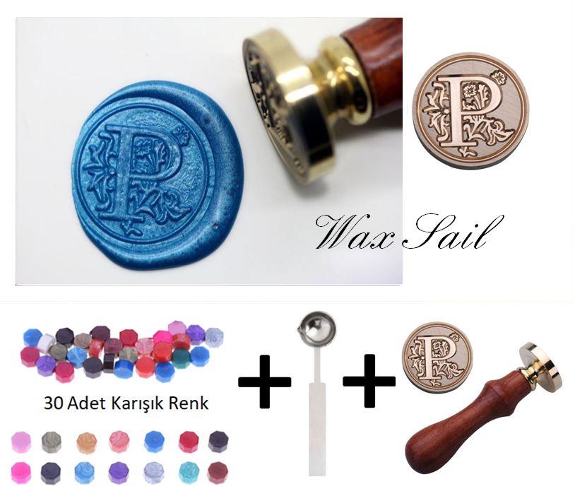 Retro Mektup Mühürü Damga P Harfi + 30 Adet Mühür Mumu + Eritme Kaşığı