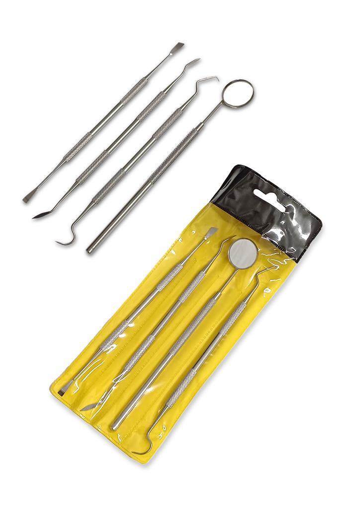 Paslanmaz Çelik Diş Temizleme Ağız Bakımı 4 li Set Ayna Orak Skaler Spatula Cımbız