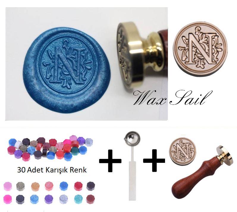 Retro Mektup Mühürü Damga N Harfi + 30 Adet Mühür Mumu + Eritme Kaşığı
