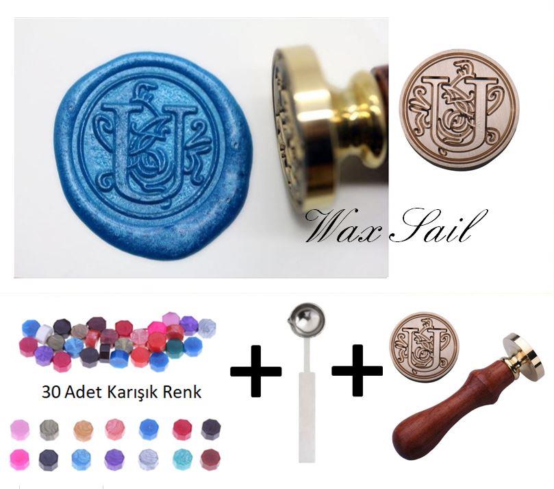 Retro Mektup Mühürü Damga U Harfi + 30 Adet Mühür Mumu + Eritme Kaşığı